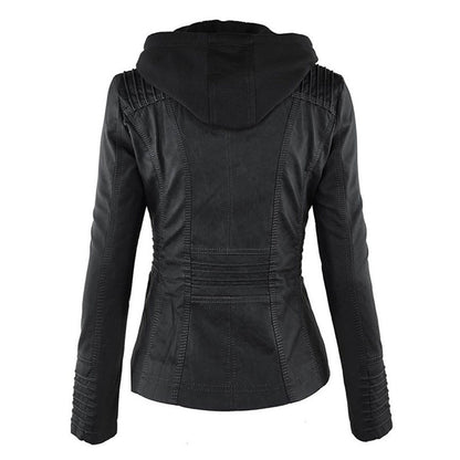 Elegant Brown Leather Jacket for Women with Hooded Long Sleeve Quilted Moto Style