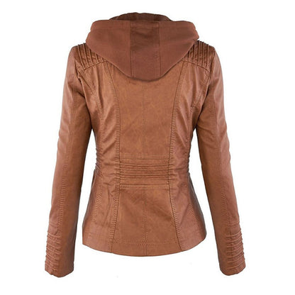 Elegant Brown Leather Jacket for Women with Hooded Long Sleeve Quilted Moto Style