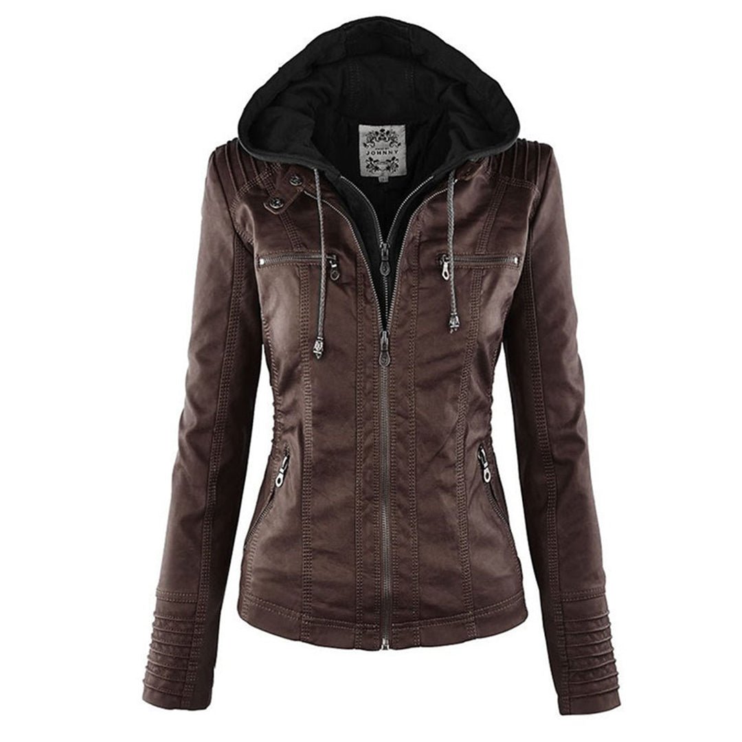 Elegant Brown Leather Jacket for Women with Hooded Long Sleeve Quilted Moto Style