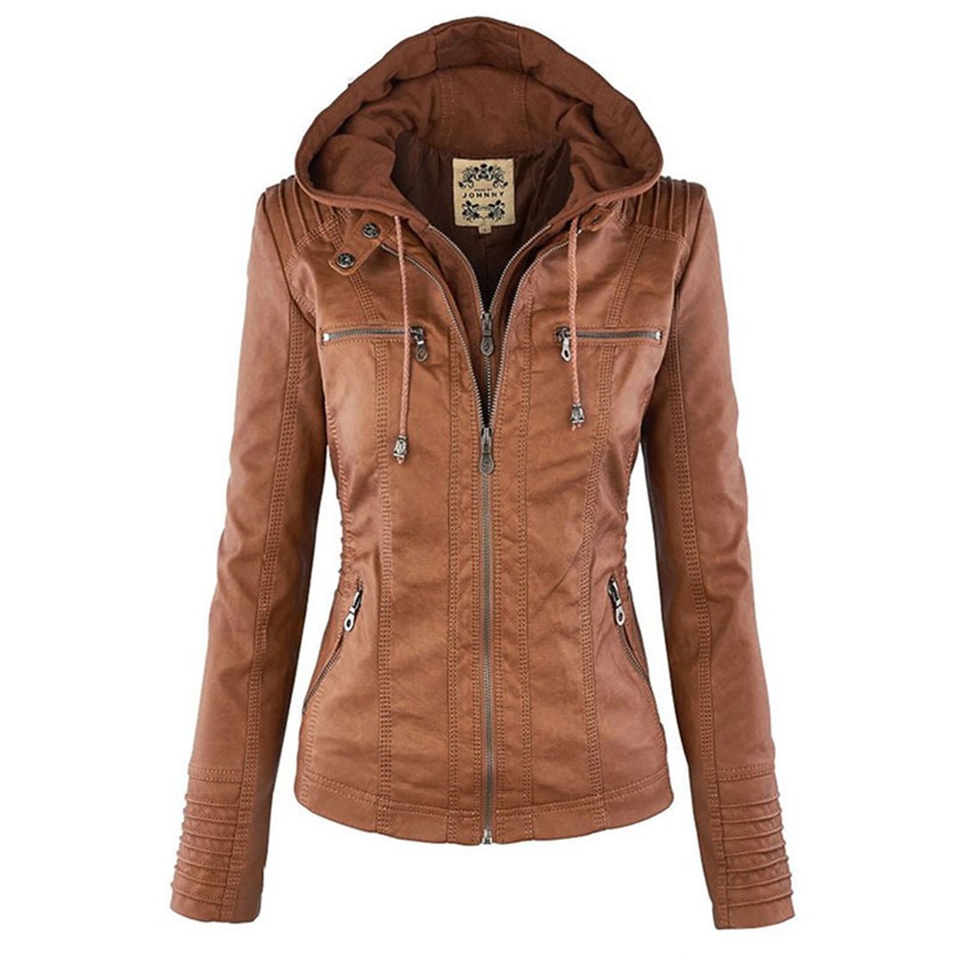 Elegant Brown Leather Jacket for Women with Hooded Long Sleeve Quilted Moto Style