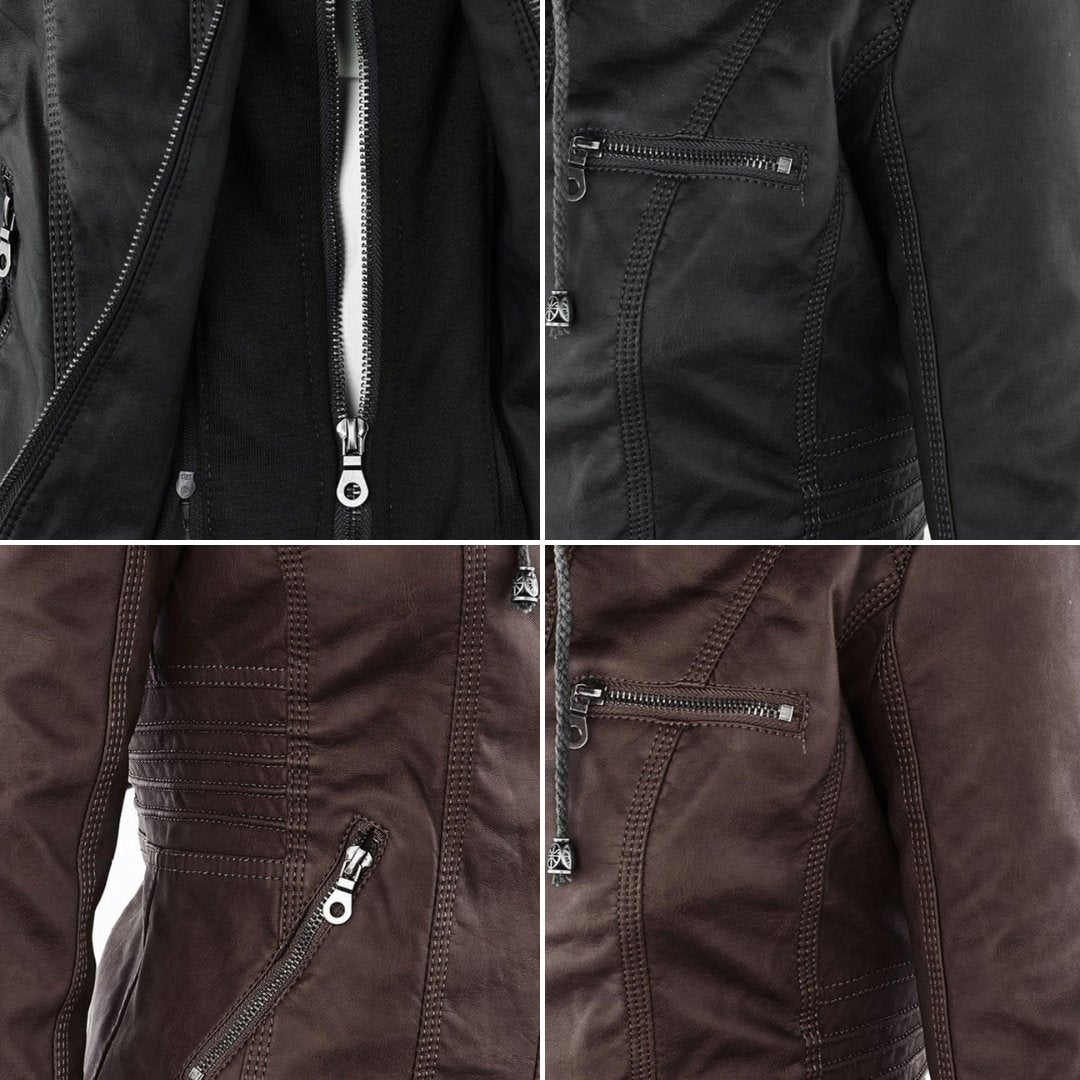 Elegant Brown Leather Jacket for Women with Hooded Long Sleeve Quilted Moto Style