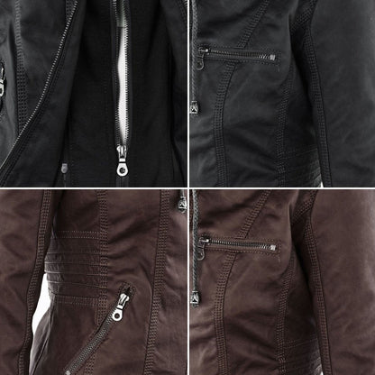 Elegant Brown Leather Jacket for Women with Hooded Long Sleeve Quilted Moto Style