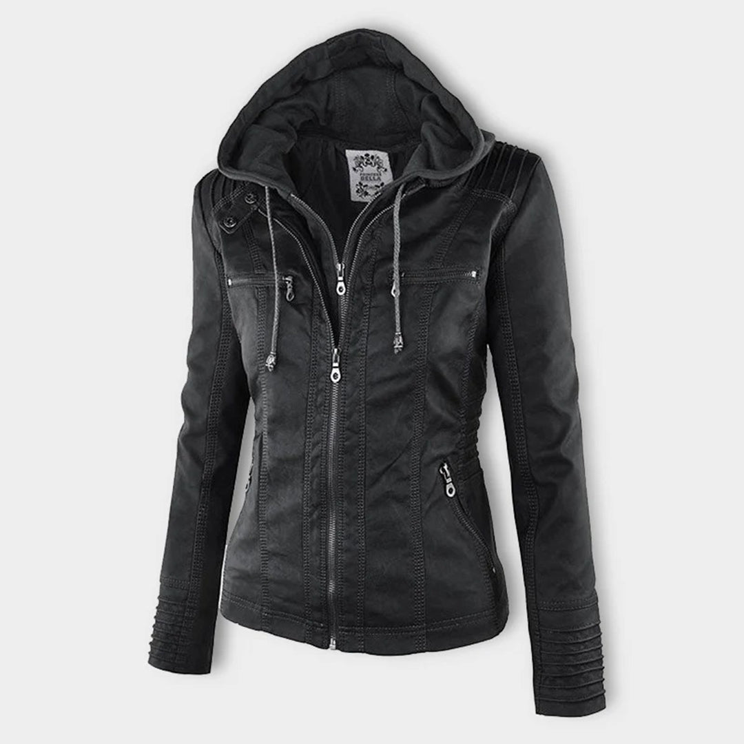 Elegant Brown Leather Jacket for Women with Hooded Long Sleeve Quilted Moto Style