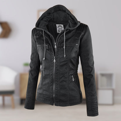 Elegant Brown Leather Jacket for Women with Hooded Long Sleeve Quilted Moto Style