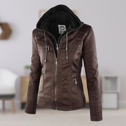 Elegant Brown Leather Jacket for Women with Hooded Long Sleeve Quilted Moto Style