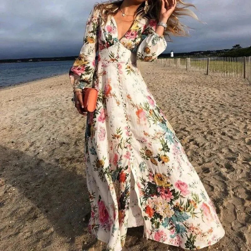 Effortless Floral Maxi Dress for Women with V-Neck Tiered Skirt Casual Summer Style