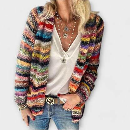Cozy Space Dye Cardigan for Women with Open Front V Neck Long Sleeve Knit Relaxed Style