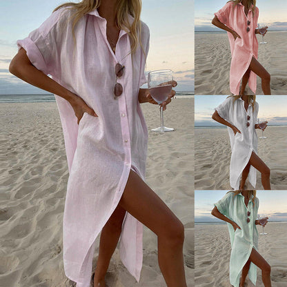 Effortless Linen Shirt Dress for Women with Collared Button Front Short Sleeve Side Slit Flowing Style
