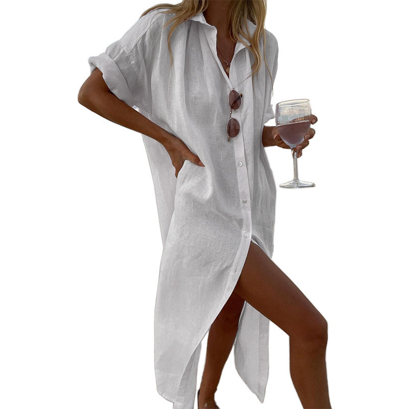 Effortless Linen Shirt Dress for Women with Collared Button Front Short Sleeve Side Slit Flowing Style
