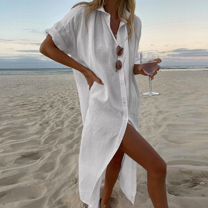 Effortless Linen Shirt Dress for Women with Collared Button Front Short Sleeve Side Slit Flowing Style