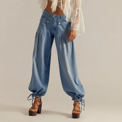 Effortless High Waist Balloon Jeans for Women with Cargo Pocket Wide Leg Cinched Ankle Style