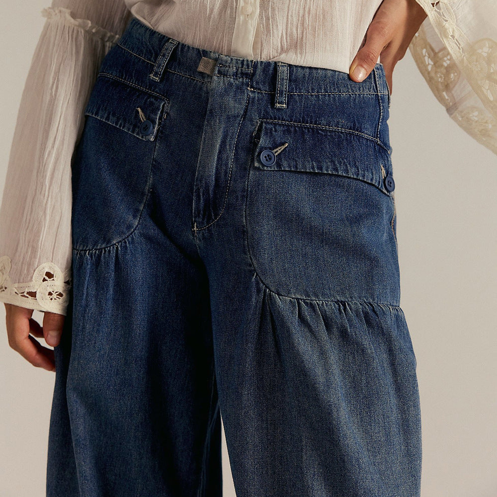 Effortless High Waist Balloon Jeans for Women with Cargo Pocket Wide Leg Cinched Ankle Style