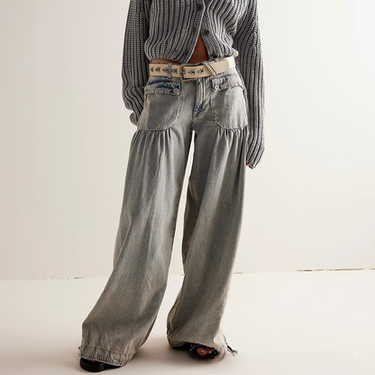 Effortless High Waist Balloon Jeans for Women with Cargo Pocket Wide Leg Cinched Ankle Style