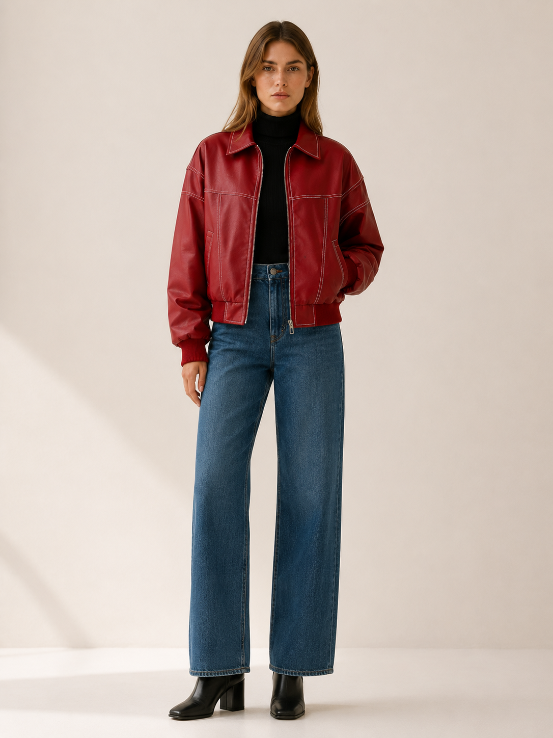 Bold Red Faux Leather Bomber Jacket for Women with Contrast Stitching Zip Front Ribbed Trim Moto Style