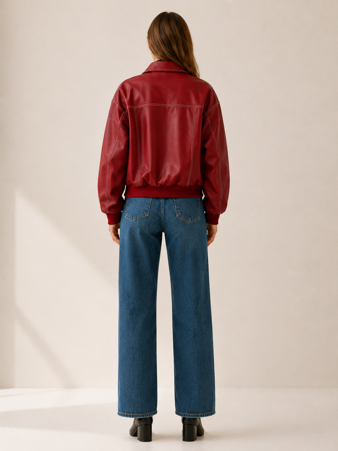 Bold Red Faux Leather Bomber Jacket for Women with Contrast Stitching Zip Front Ribbed Trim Moto Style