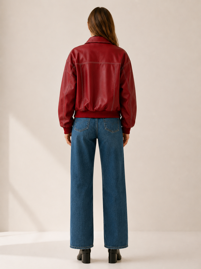 Bold Red Faux Leather Bomber Jacket for Women with Contrast Stitching Zip Front Ribbed Trim Moto Style