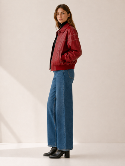 Bold Red Faux Leather Bomber Jacket for Women with Contrast Stitching Zip Front Ribbed Trim Moto Style