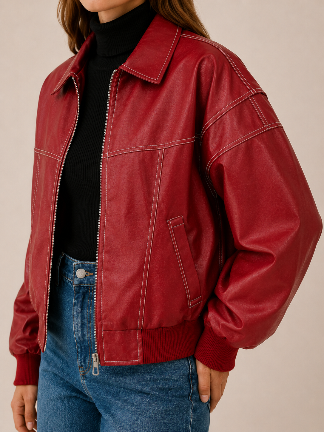 Bold Red Faux Leather Bomber Jacket for Women with Contrast Stitching Zip Front Ribbed Trim Moto Style
