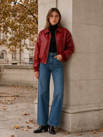 Bold Red Faux Leather Bomber Jacket for Women with Contrast Stitching Zip Front Ribbed Trim Moto Style