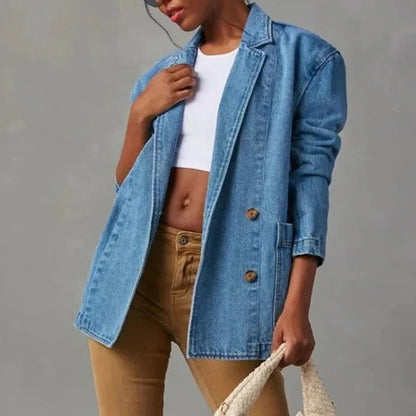 Effortless Blue Denim Jacket for Women with Lapel Collar Long Sleeve Relaxed Open Front Casual Style