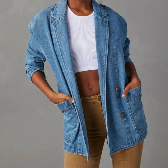 Effortless Blue Denim Jacket for Women with Lapel Collar Long Sleeve Relaxed Open Front Casual Style
