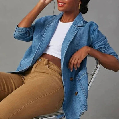 Effortless Blue Denim Jacket for Women with Lapel Collar Long Sleeve Relaxed Open Front Casual Style