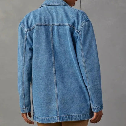 Effortless Blue Denim Jacket for Women with Lapel Collar Long Sleeve Relaxed Open Front Casual Style