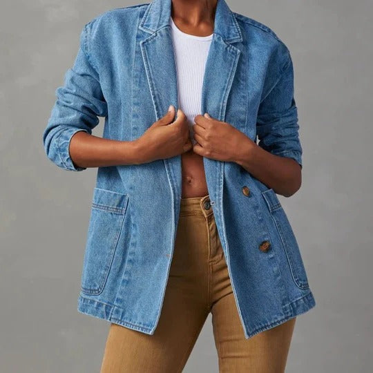 Effortless Blue Denim Jacket for Women with Lapel Collar Long Sleeve Relaxed Open Front Casual Style