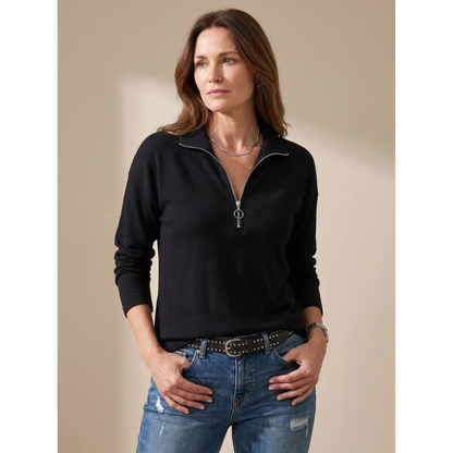Cozy Collared Quarter-Zip Knit Sweater for Women with Johnny Collar Long Sleeve Fine Knit Pullover Style