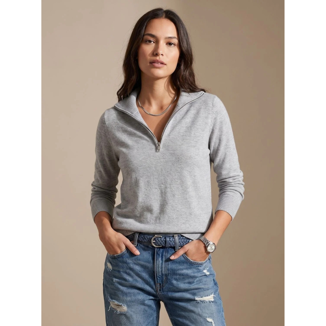 Cozy Collared Quarter-Zip Knit Sweater for Women with Johnny Collar Long Sleeve Fine Knit Pullover Style