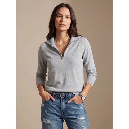 Cozy Collared Quarter-Zip Knit Sweater for Women with Johnny Collar Long Sleeve Fine Knit Pullover Style
