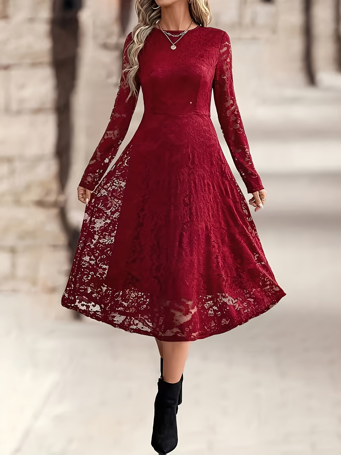 Elegant Black Lace Long Sleeve Wedding Dress for Women with Round Neck Fit And Flare Flowing Style