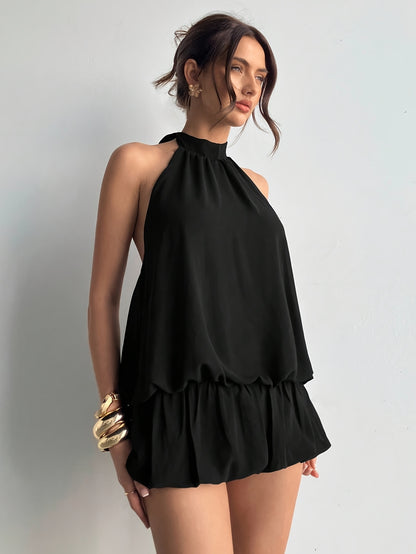 Elegant Little Black Dress for Women with Halter Neck Sleeveless Ruffle Hem Loose Fit Casual Party Style