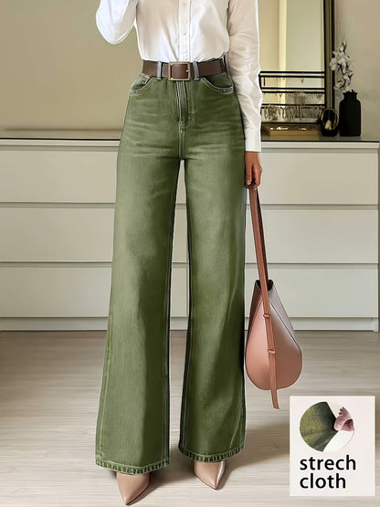 Effortless Fern Green Flare Jeans for Women with High Waist Stretch Wide Leg Style