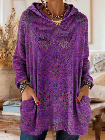 Comfortable Boho Print Tunic Sweater for Women with Hooded Long Sleeve Oversized Pocket Bohemian Style