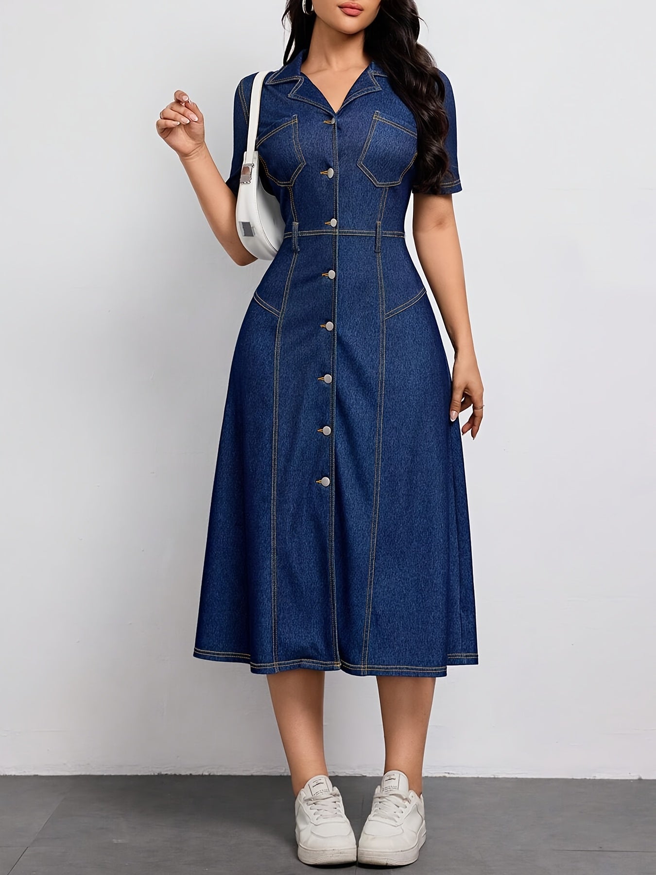 Effortless Blue Denim Dress for Women with Collar Belted Button Front Midi