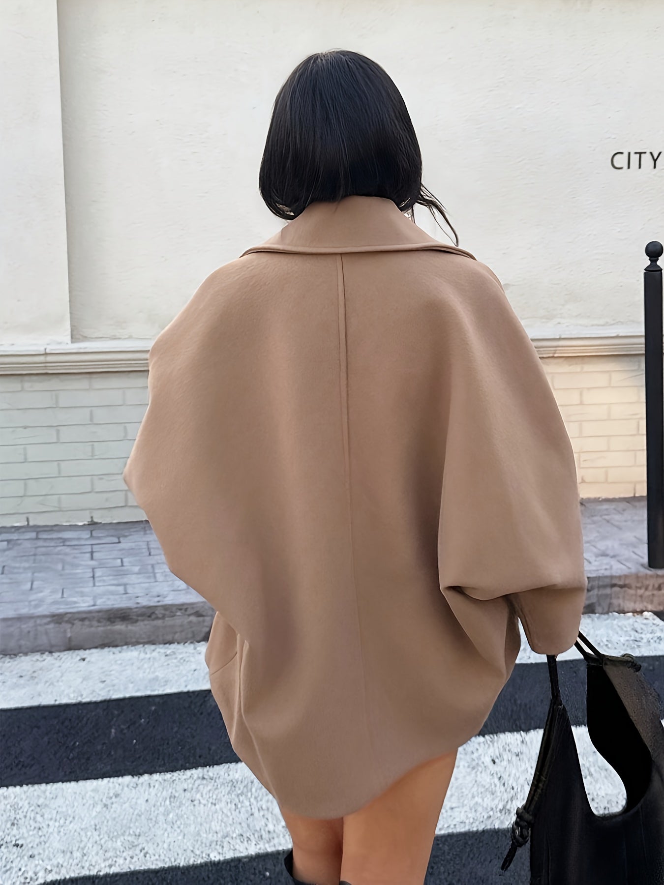 Elegant Khaki Wool Pea Coat for Women with Notched Collar Batwing Sleeve Oversized Button Front Style