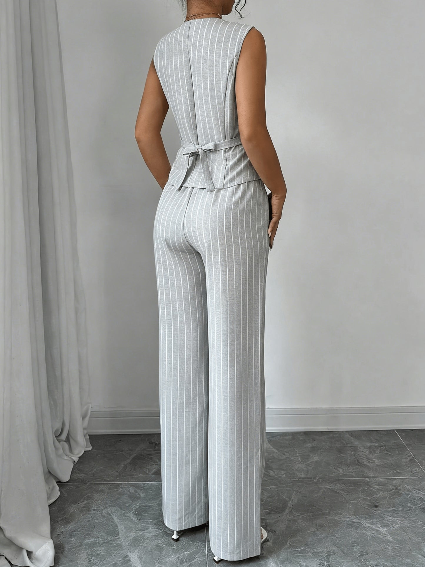 Elegant Grey Pinstripe Chino Pants Two Piece Set for Women with V Neck Button Front Vest Formal Style