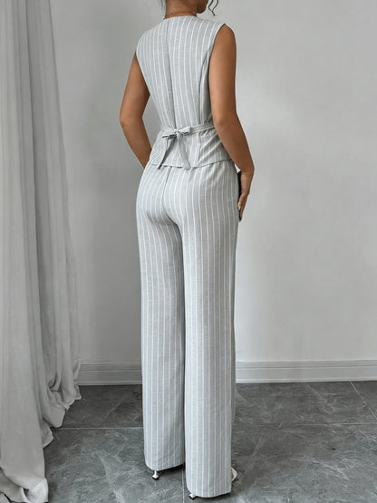 Elegant Grey Pinstripe Chino Pants Two Piece Set for Women with V Neck Button Front Vest Formal Style
