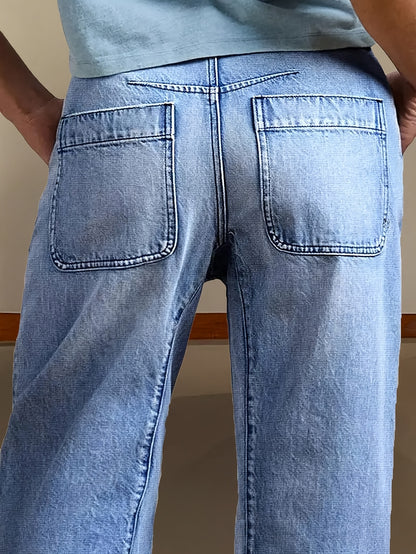 Effortless Light Blue Denim Mom Jeans for Women with High Waist Patch Pocket Tapered Ankle Slit Style