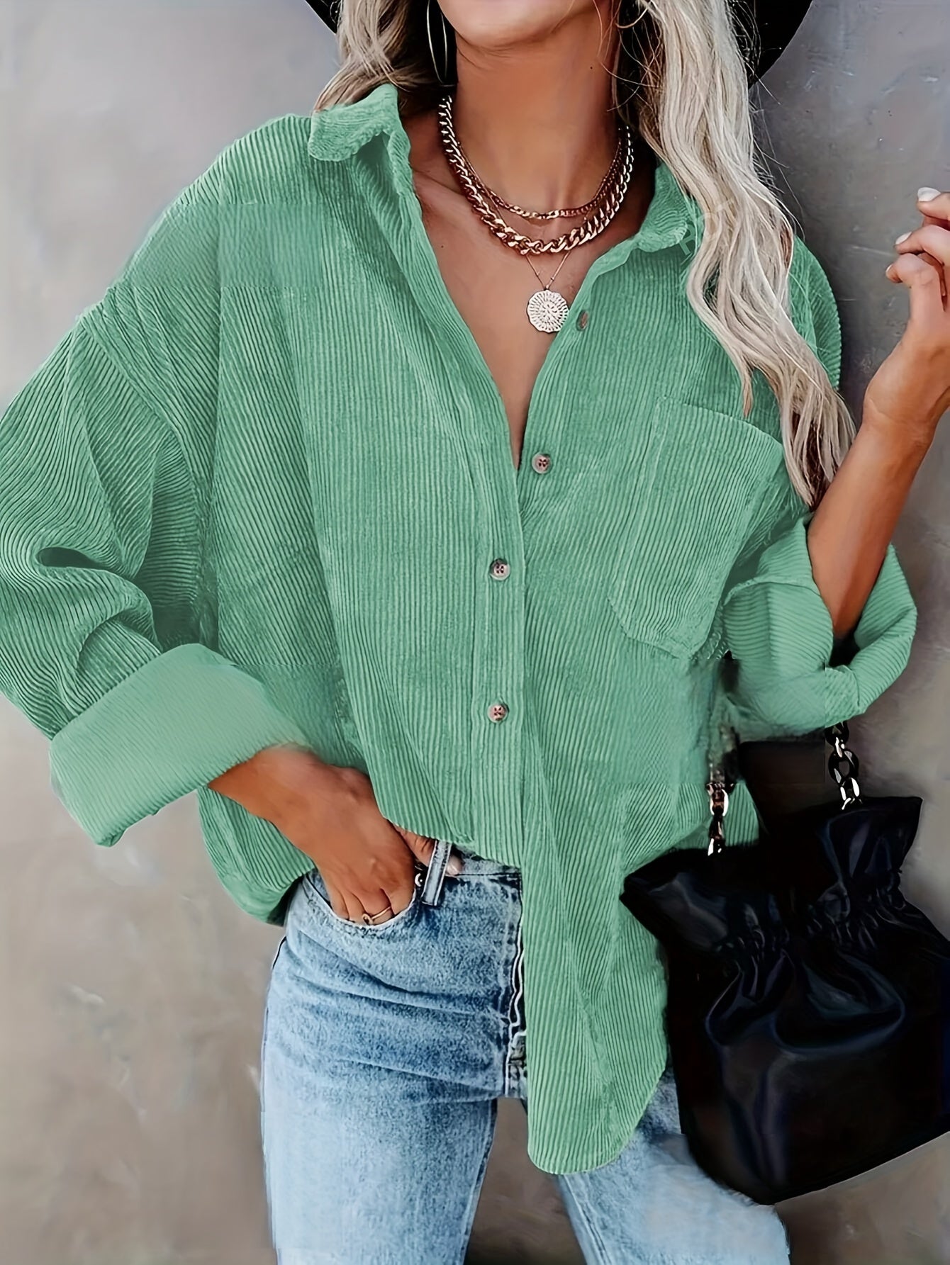 Effortless Corduroy Long Sleeve Shirt for Women with Collar Button Front Oversized Relaxed Casual Style