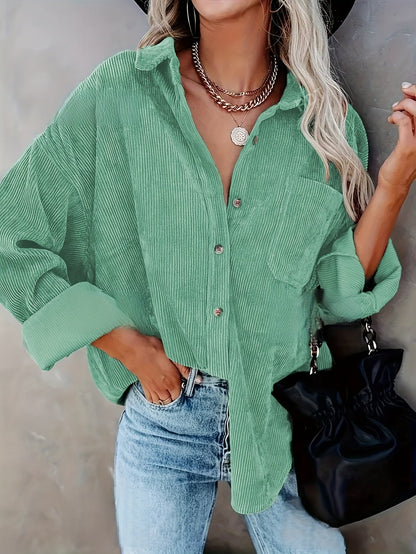 Effortless Corduroy Long Sleeve Shirt for Women with Collar Button Front Oversized Relaxed Casual Style