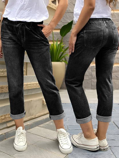 Effortless Black Denim Mom Jeans for Women with High Waist Drawstring Cuffed Tapered Style