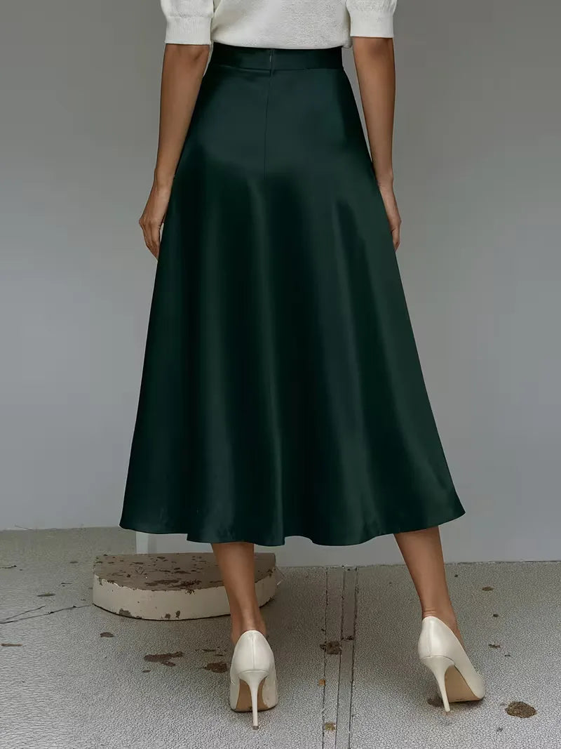 Elegant Satin Midi Skirt for Women with High Waist A Line Pocket Flowing Style