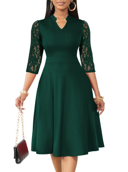 Elegant Lace Christmas Party Dress for Women with Notched Neck Three Quarter Sleeve Fit Flare Cocktail Style