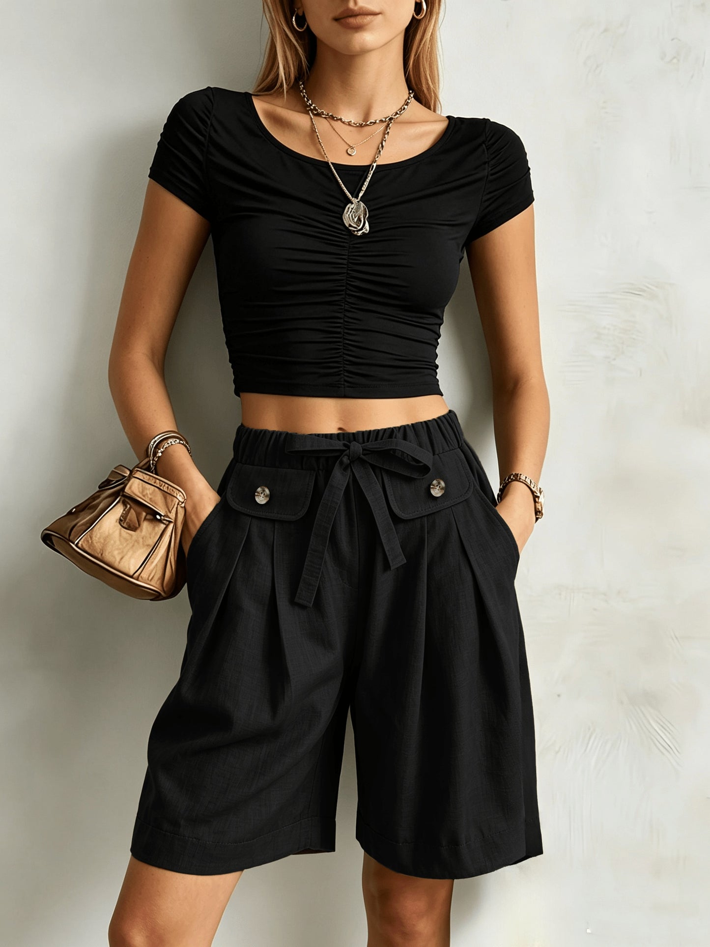 Effortless Wide Leg Bermuda Shorts for Women with High Waist Tie Belt Button Pocket Relaxed Casual Style