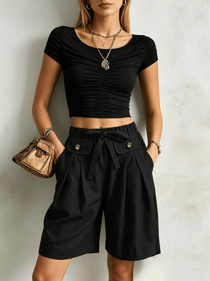 Effortless Wide Leg Bermuda Shorts for Women with High Waist Tie Belt Button Pocket Relaxed Casual Style