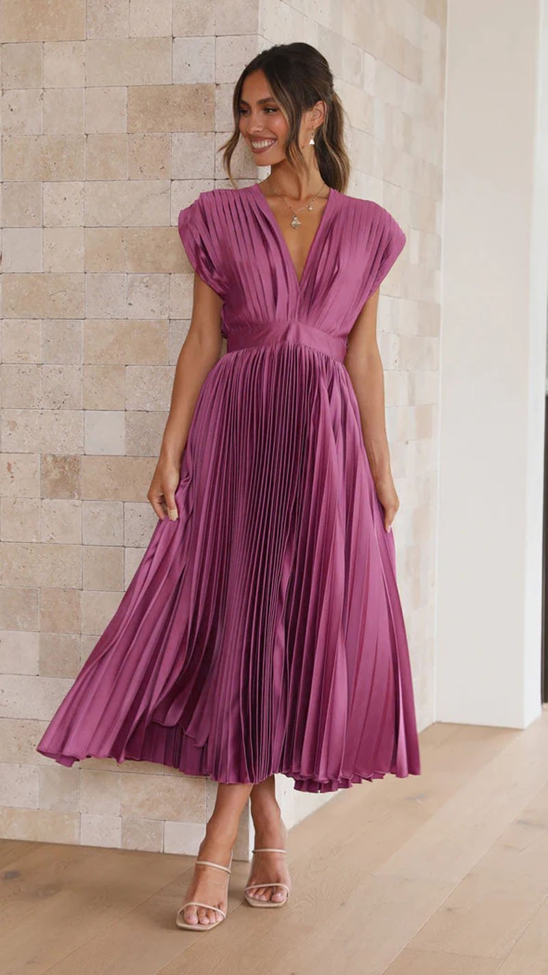 Elegant Pleated Midi Dress for Women with Deep V Neck Formal Wedding Guest Style
