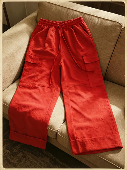Effortless Red Cargo Pants for Women with Drawstring Waist Cropped Style