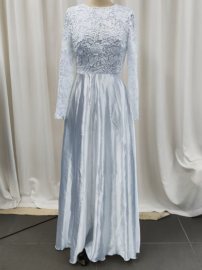 Elegant Lace Wedding Gown for Women with Round Neck Long Sleeve A Line Satin Train Bridal Style